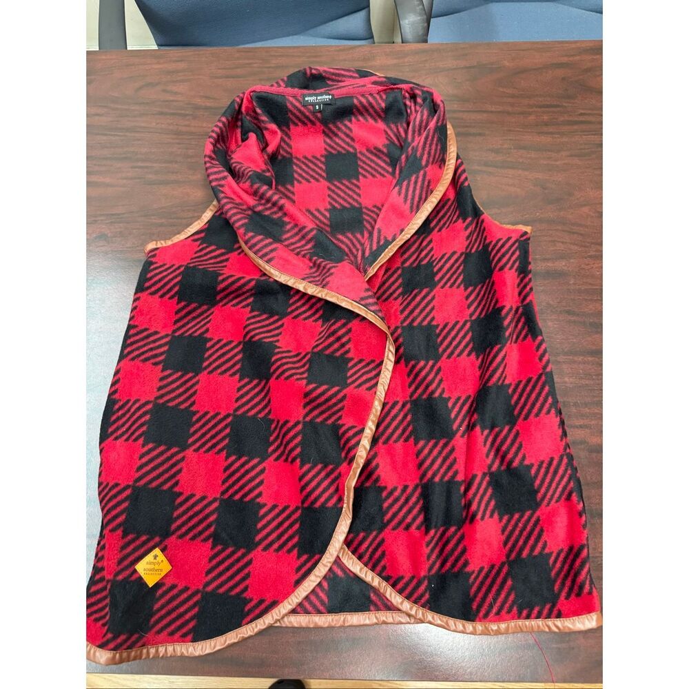 Simply Southern Buffalo Plaid Fleece Sleeveless Wrap Cardigan Size Small